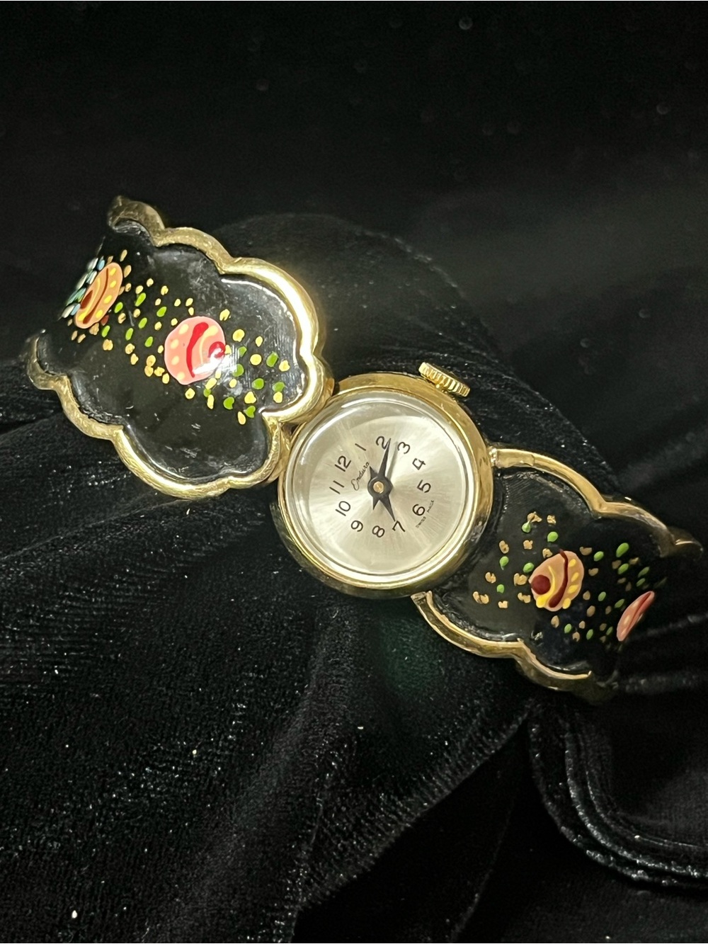 Endura Vintage Gold-Tone Black Floral Enamel Hinged Watch 1738